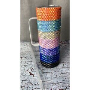 Multicolor Handmade Rhinestone Tumbler W/Handle 20oz Skinny W/Lid & Straw